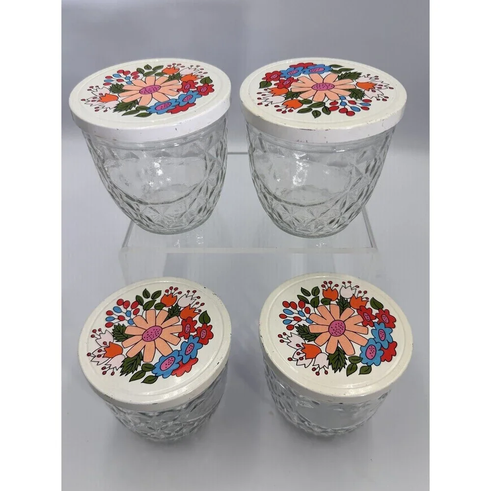 1960's Ball Quilted Glass #810 Jelly Jars White Floral Metal Caps Set 4 MCM